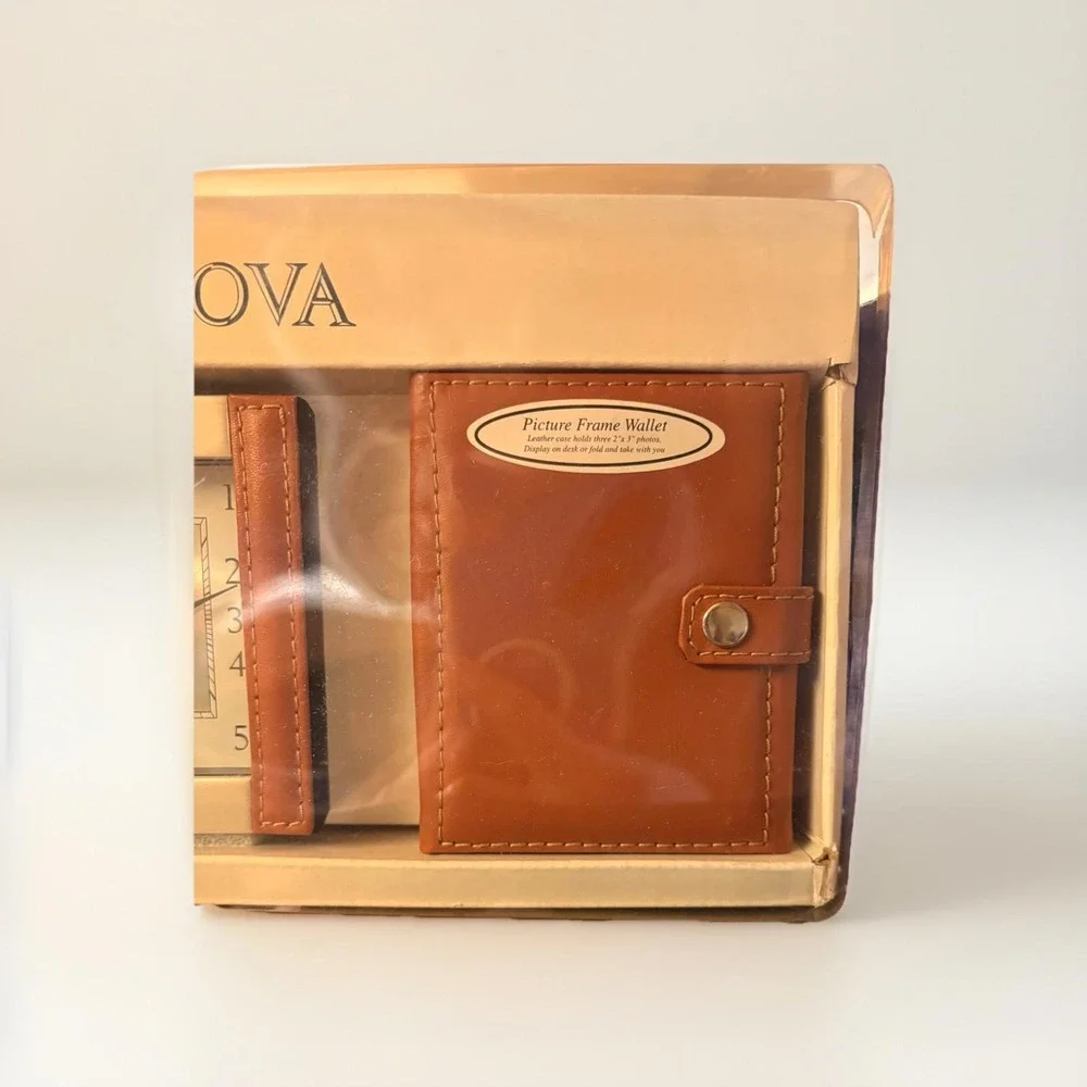 Bulova Gift Box Tan Leather Picture Frame L, Photo Album And Clock In Box New